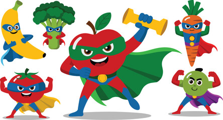 "Cartoon superhero fruits and vegetables characters, fitness healthy food icons, fun animated vegetables and fruits in action poses"  flat vector illustration © Sohan Creatives