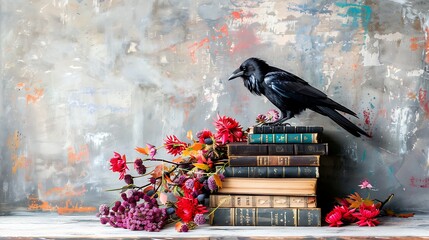 Obraz premium Black raven on pile of antique books with red flowers, grunge artistic background