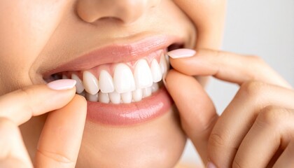 Close-up of a woman proudly showcasing her bright, healthy white teeth and perfect smile.