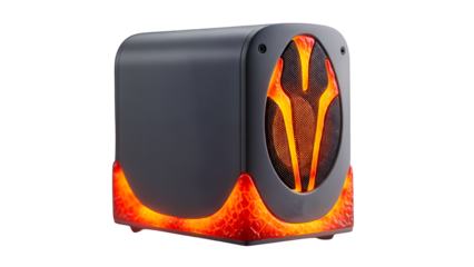 High-fidelity audio speaker featuring glowing molten orange elements and detailed futuristic design, isolated on transparent background