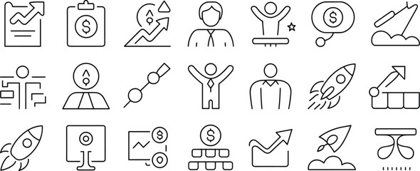 Fototapeta premium 20 Essential Business and Finance Line Icons: SEO-Friendly Vector Set for Marketing, Investment, Growth, Success, and Startup Design Projects flat vector illustration