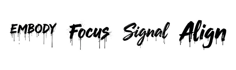 Fototapeta premium Graffiti words: embody, focus, signal, align in dripping black font on white background