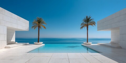 Fototapeta premium Panoramic view of a minimalist white stone terrace overlooking a calm blue ocean, symmetrical palm trees framing a bright, clear blue horizon.