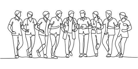 Obraz premium Continuous one line drawing of group of doctors giving thumbs up gesture from top view, confident medical team concept, single line art.