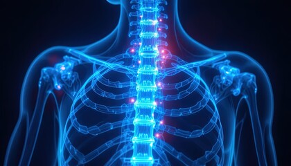 X-Ray View of Human Torso Showing Spine and Ribs, Medical Illustration
