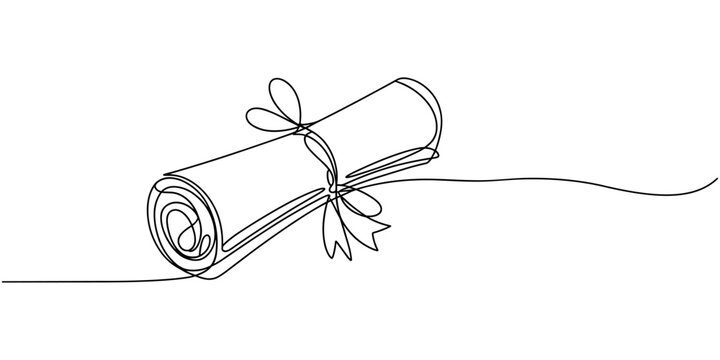 Continuous single line drawn, certificate or diploma with award badge . Single line drawn badge academic scroll paper,. Vector illustration, continuous line drawing of a rolled diploma with ribbon bow
