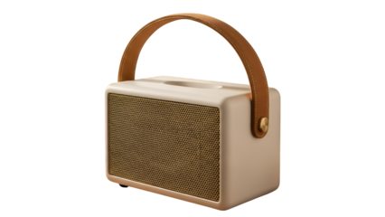 Elegant portable wireless speaker with a classic retro design and leather handle, isolated on transparent background