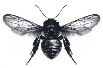 Detailed black and white ink drawing of a bee with open wings isolated on white background