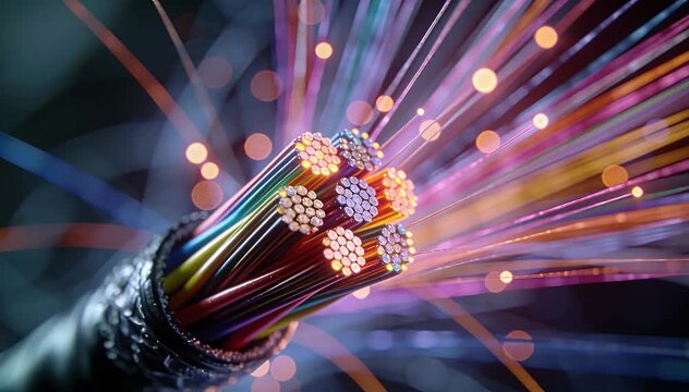 Close up of colorful fiber optic cables transmitting light signals data transmission technology network,.