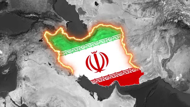 Iran s national flag prominently displayed over a grayscale map of the country