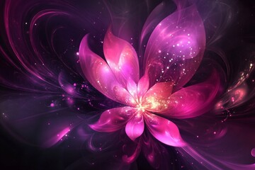 Abstract Glowing Fractal Flower in Fuchsia and Purple on Dark Background