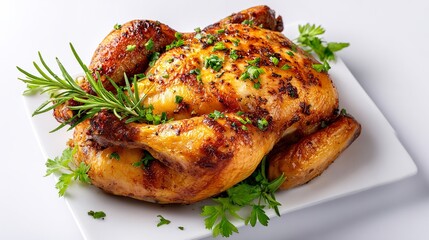 Tasty and juicy rotisserie chicken on a light background.
