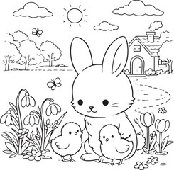 Black and white Easter coloring page with a cute bunny and little chicks among first spring flowers. Perfect for kids coloring books, Easter activities, spring crafts and printable illustrations. © Natallia Leanovich