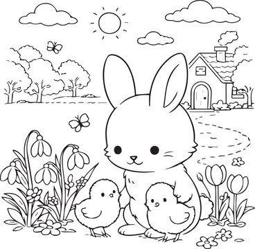 Black and white Easter coloring page with a cute bunny and little chicks among first spring flowers. Perfect for kids coloring books, Easter activities, spring crafts and printable illustrations.