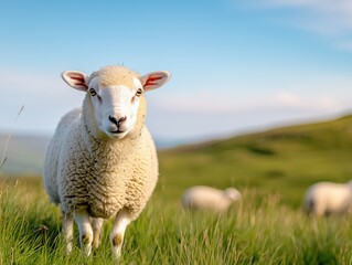 Obraz premium Woolly sheep standing gracefully amid lush green pasture, grazing herd blending with rolling hills under azure sky, peaceful pastoral landscape