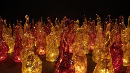 Illuminated Glass Rabbit Figurines Glowing in Warm Hues.