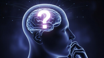 Obraz premium A digital illustration depicts a x-ray of a human head in profile with a question mark inside, facing right, against a dark blue and black background.