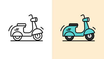 This clean outline features a side view of a classic kick scooter with simple curves and bold lines, perfect for children’s coloring books, educational worksheets, or design elements. © Vecriz