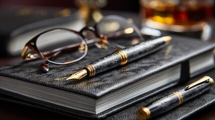 Elegant Executive Desk Accessories with Pen, Notebook, and Eyeglasses Neatly Arranged