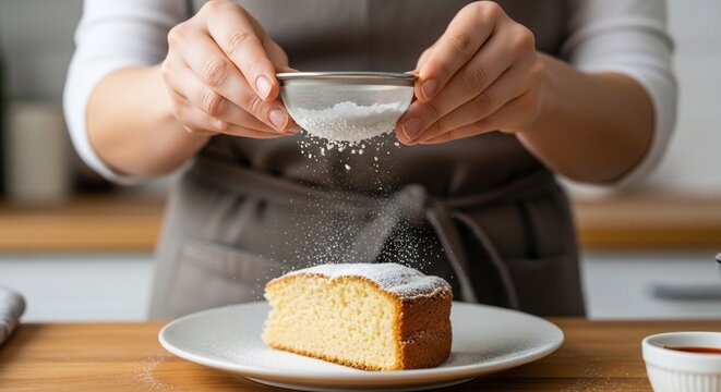 Person dusting powdered sugar on a slice of cake with a sieve over white plate on wooden table