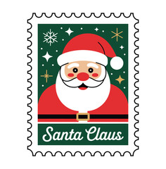 A cartoon illustration of Santa Claus on a green Christmas postage stamp with white snowflakes and stars.