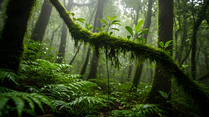 Lush green mossy branch hangs low over ferns in misty tropical rainforest setting