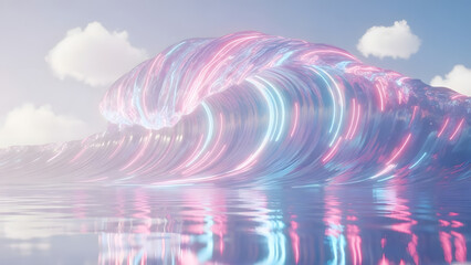 A large wave with vibrant neon lights crashes on the serene ocean surface under a cloudy sky