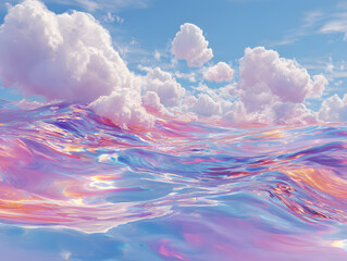 Naklejka premium Softly rippling holographic waves dance on the serene surface of a pastel ocean under a fluffy white cloud-filled sky viewed from above