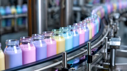 A row of colorful milk bottles on a conveyor belt