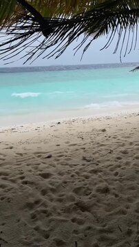 Strong wind on the sandy shore of Ukulhas Island in the Maldives, Indian Ocean, azure water in the evening, palm trees