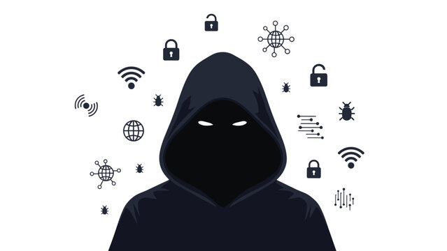 Ominous hooded hacker silhouette with piercing glowing eyes, surrounded by various cybersecurity and virus icons, symbolizing digital threats, cyber attacks, and online vulnerability.