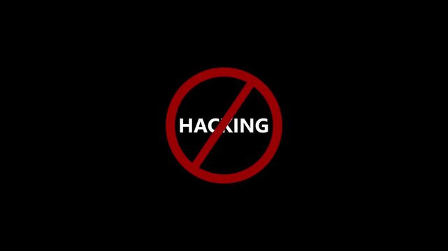Red circle with word hacking in white text on black background for cybersecurity awareness and