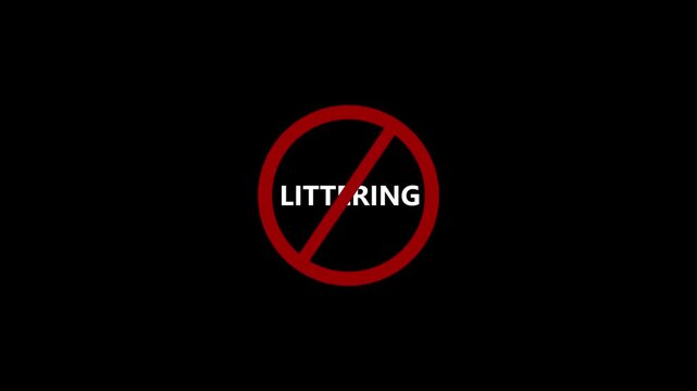 Red circle with word littering in white text on black background anti-littering signage symbol