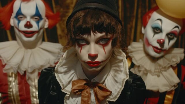 A man wearing clown makeup on his face, evoking a classic circus performance. The captures the essence of mime arts and theatrical performances that require creative character portrayals.