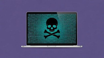 computer virus threat depicted on a laptop screen with a skull and crossbones over binary code symbolizing a critical cybersecurity incident.