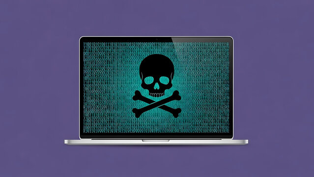 computer virus threat depicted on a laptop screen with a skull and crossbones over binary code symbolizing a critical cybersecurity incident. - Powered by Adobe