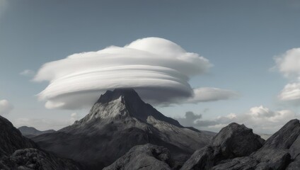 Lenticular cloud formation over a mountain peak, creating a unique atmospheric phenomenon.