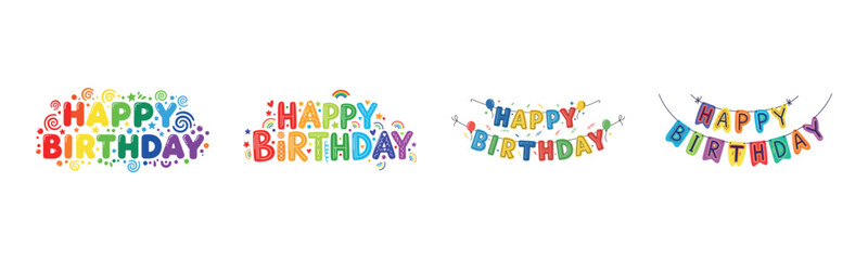 Obraz premium Colorful happy birthday designs with festive lettering and decorations