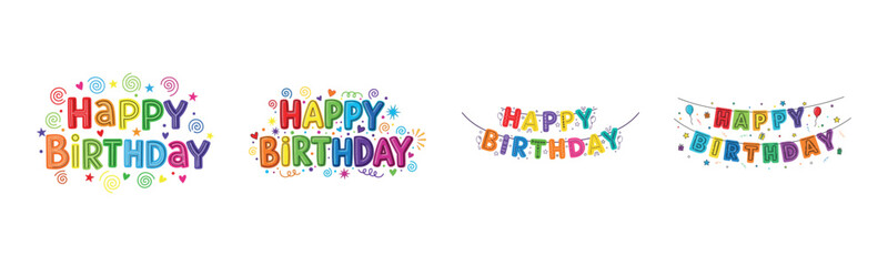 Colorful happy birthday banners with decorative elements and patterns