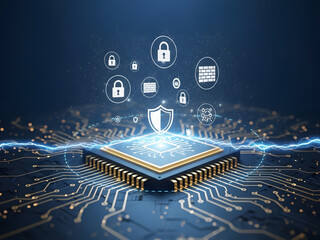 Central Processing Unit with glowing circuit board and security icons surrounding it in a dark environment