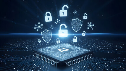 Secure microchip with glowing lock and shield icons floating above a dark technology background