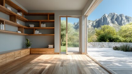 Fototapeta premium Spacious empty room with minimalist wooden wall cabinets and shelving, floor-to-ceiling sliding glass doors opening to a terrace, soft light.