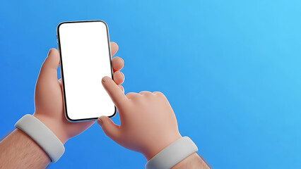 a 3d cartoon hand holding a modern smartphone with a blank white screen is being tapped for a mobile application ui mockup.