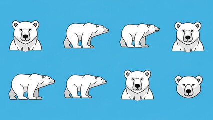 Obraz premium Eight white polar bears in different poses on blue background for design and decoration with white bear and animal and cartoon and illustration