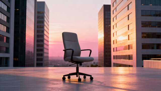 Office Chair Facing Sunset Between Buildings
