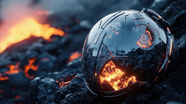 Sci-fi robotic armor on black, lava-streaked rocks.