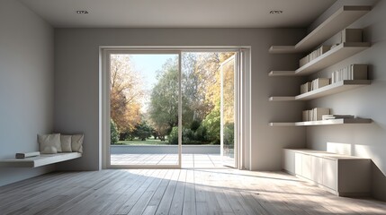 Fototapeta premium Spacious empty room with minimalist wooden wall cabinets and shelving, floor-to-ceiling sliding glass doors opening to a terrace, soft light.