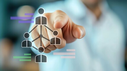 Businessman pointing at virtual organizational chart and networking structure icon