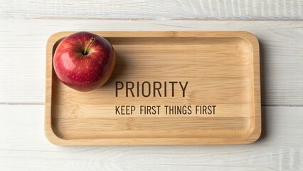 Red apple on wooden tray with priority message