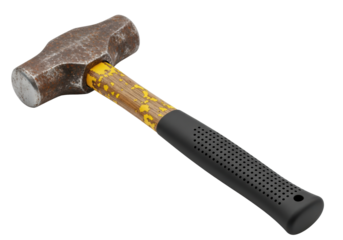 macro close-up of a rusty, oxidized ball-peen hammer with chipped yellow paint and black rubber dotted grip, resting diagonally on a high-key white background, shallow dof. concept of industrial